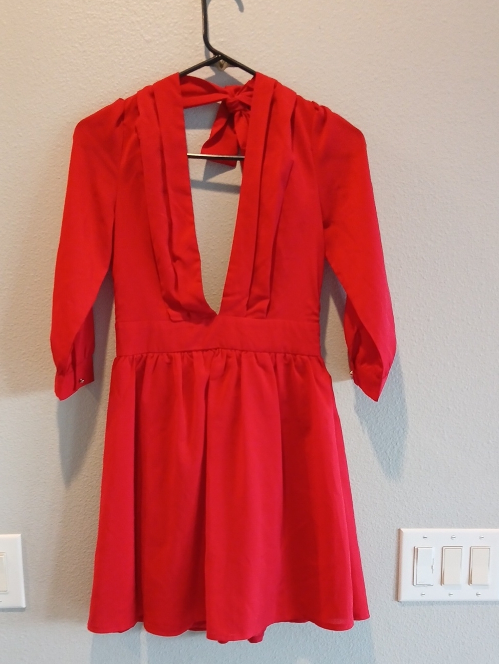Tobi Red Deep V Tie-Back Mini Dress Small Bow Backless Party